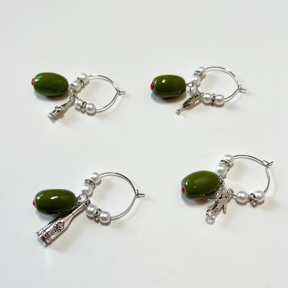 Green Olive Wine Glass Charms – Set of 4 | Martini Party Stemware Markers - Picture 12 of 12